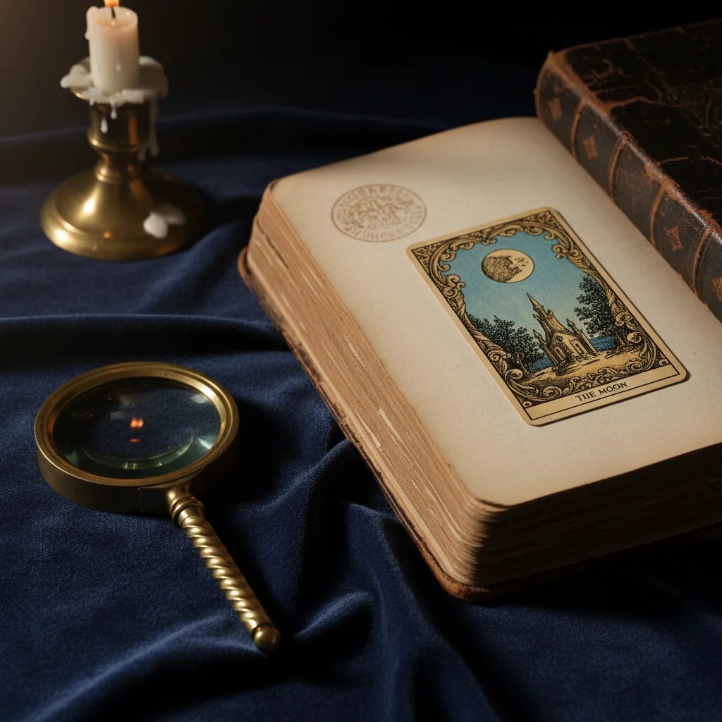 Videncia — cartas y elementos esotéricos sobre fondo oscuro